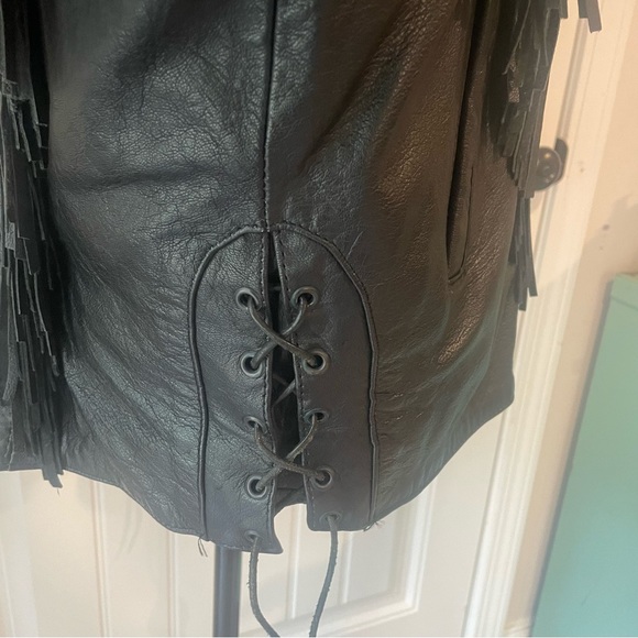 LEATHER FRINGE BIKER JACKET SILVER BIKE WOMENS SZ XXL BLACK Moto - Picture 13 of 14